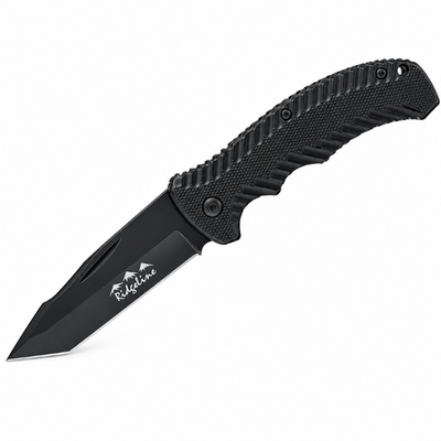 A black folding knife with a closed blade, featuring a pocket clip and an anodised aluminium handle.