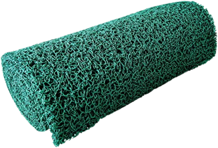 A roll of green miner's moss matting used for gold recovery in sluicing and dredging systems.