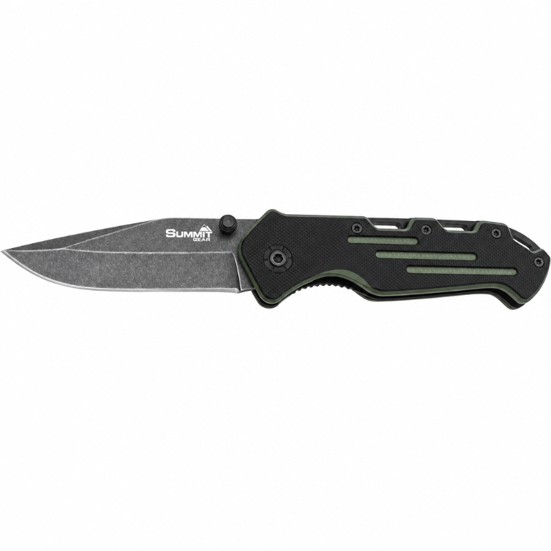 A folding pocket knife with a black G10 handle and a partially serrated stainless steel blade, closed and open positions shown.