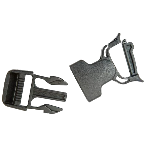 Two black plastic snap bar repair buckles, one with a tongue and slot design and another with a bar and hole design for attachment.