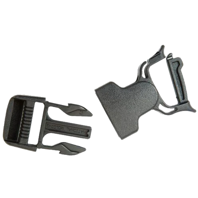 Two black plastic snap bar repair buckles, one with a tongue and slot design and another with a bar and hole design for attachment.