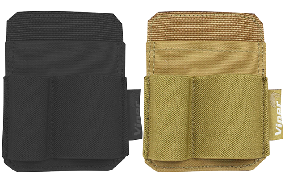 Black and tan tactical pouches on a white background