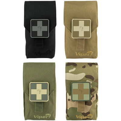A collection of Viper Tactical First Aid Kit pouches in black, green, and camouflage patterns.