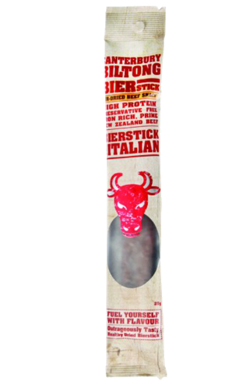 Packaged beef stick with branding on a white background