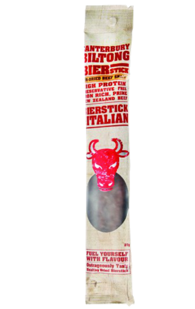 Packaged beef stick with branding on a white background