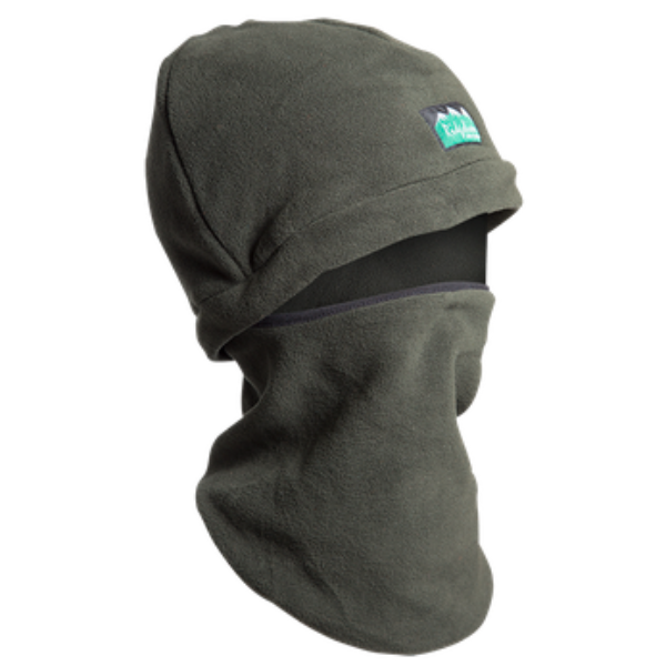 A green fleece balaclava by Ridgeline, covering the head and neck with a logo visible on the front.