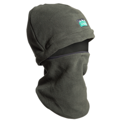 A green fleece balaclava by Ridgeline, covering the head and neck with a logo visible on the front.