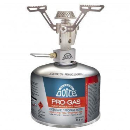 A portable Doite gas cooker with a silver body and branding on the side, mounted on a gas canister.