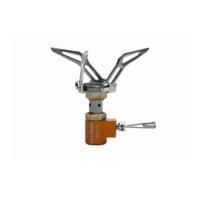 A mini pocket gas cooker with a foldable pot, primarily silver in color with titanium accents and a wooden pot support.