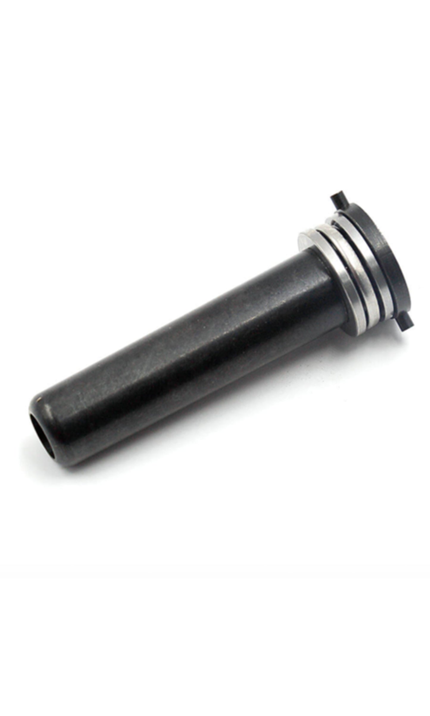 A black rotary spring guide with bearing for airsoft gun, showing a cylindrical body with two attachment wings.