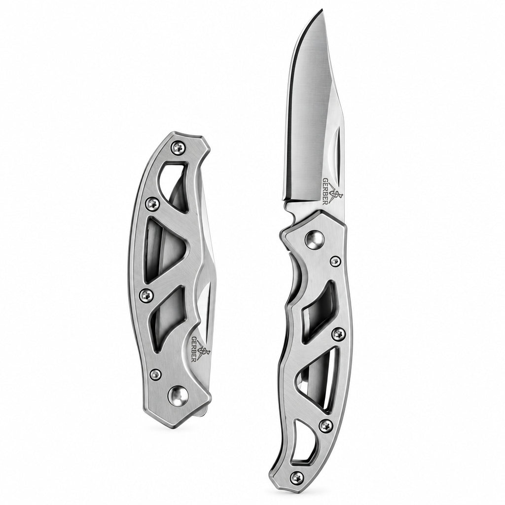 A folding knife with a silver-colored handle and a partially serrated blade, featuring a frame-lock mechanism.