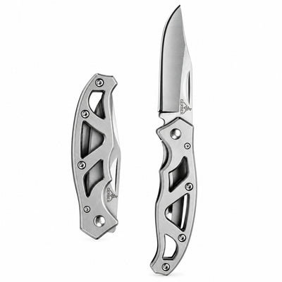 A folding knife with a silver-colored handle and a partially serrated blade, featuring a frame-lock mechanism.