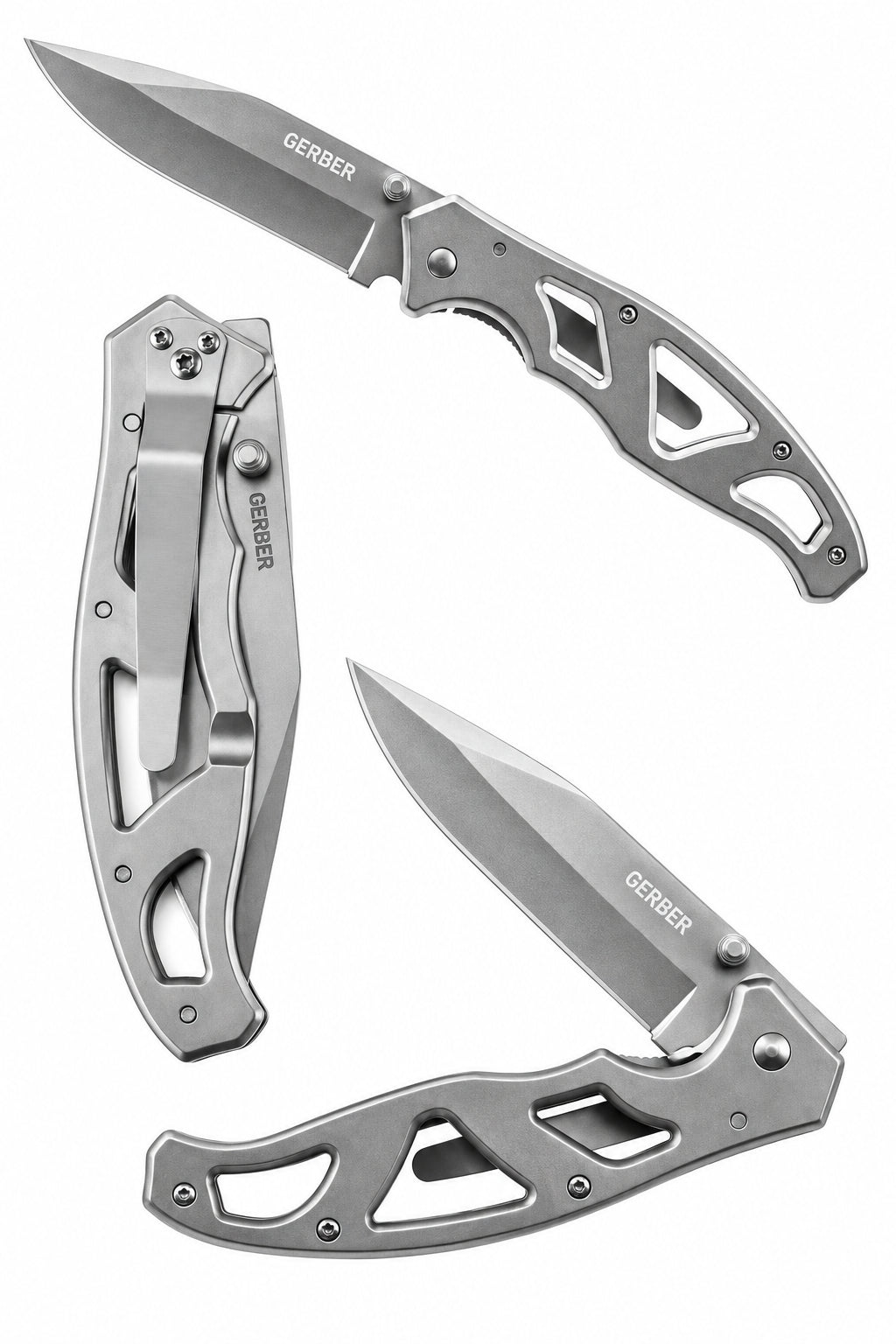 A collection of images showing a Gerber Paraframe folding knife in various positions, highlighting its design and features.
