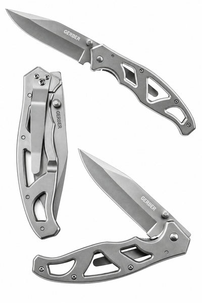 A collection of images showing a Gerber Paraframe folding knife in various positions, highlighting its design and features.
