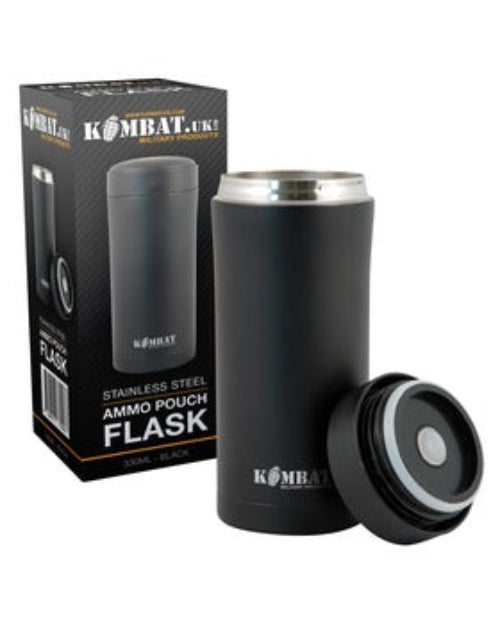 A stainless steel black ammo pouch flask with its lid open, displayed alongside its packaging box which reads 'Kombat UK'.