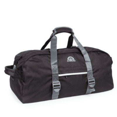 A black duffle bag with grey straps and buckles, and a small white logo on the front.