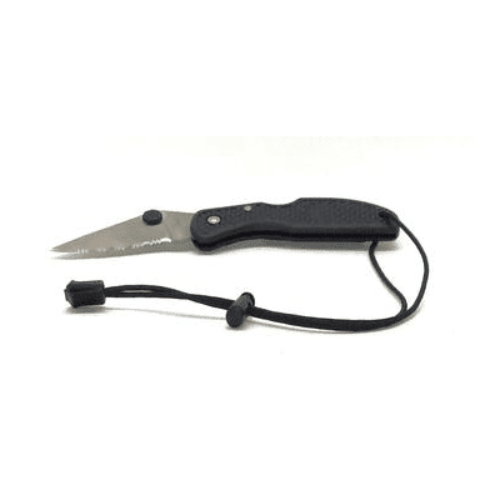 Folding serrated knife with a black handle, stainless steel blade, and a lanyard.