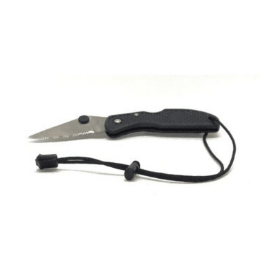 Folding serrated knife with a black handle, stainless steel blade, and a lanyard.