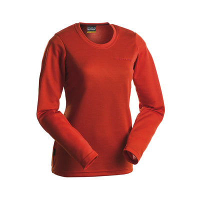 A long sleeve red crew neck merino base layer on a white background