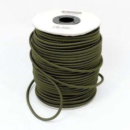 A spool of olive green bungee cord, typically used for securing and building purposes.