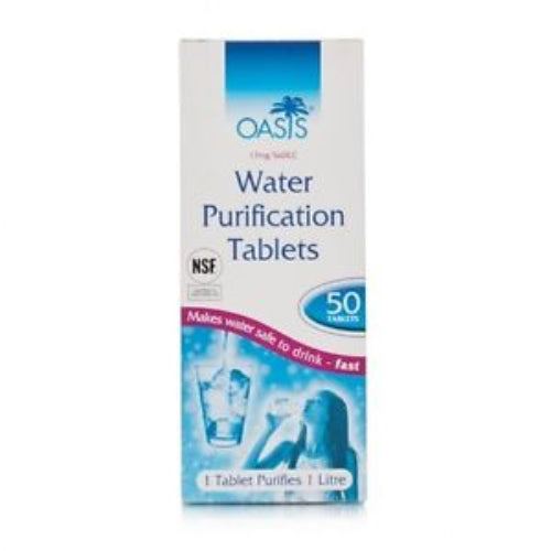 A box of Oasis water purification tablets with the brand logo and product information displayed on the front.