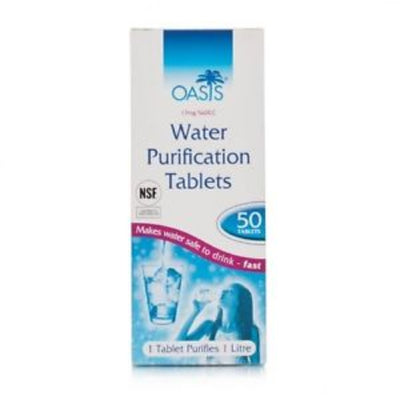 A box of Oasis water purification tablets with the brand logo and product information displayed on the front.