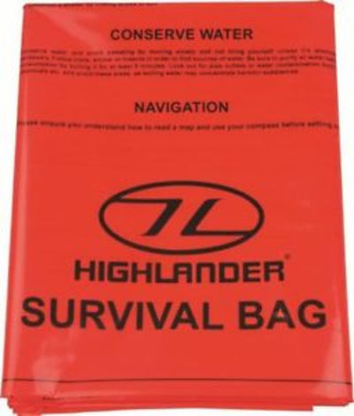Highlander Emergency Survival Bag in orange with brand logo visible on the front, designed for 2 persons.