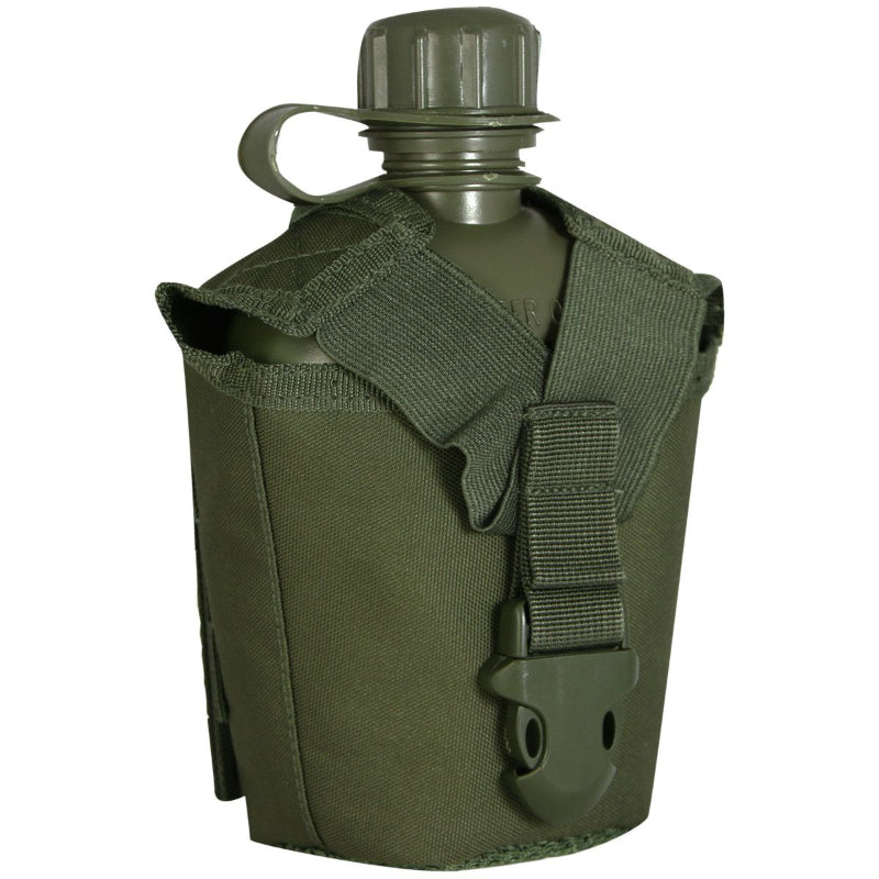 Green canteen with a carrying case on a white background