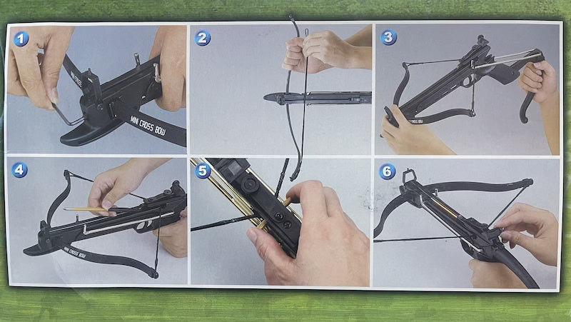 Step-by-step guide on how to assemble a crossbow with labeled steps.