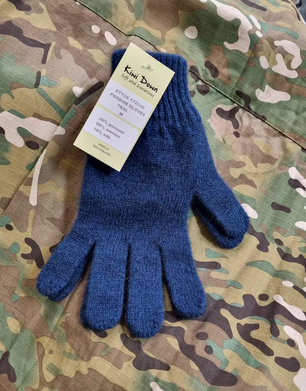 Blue glove with a tag on a camouflage background