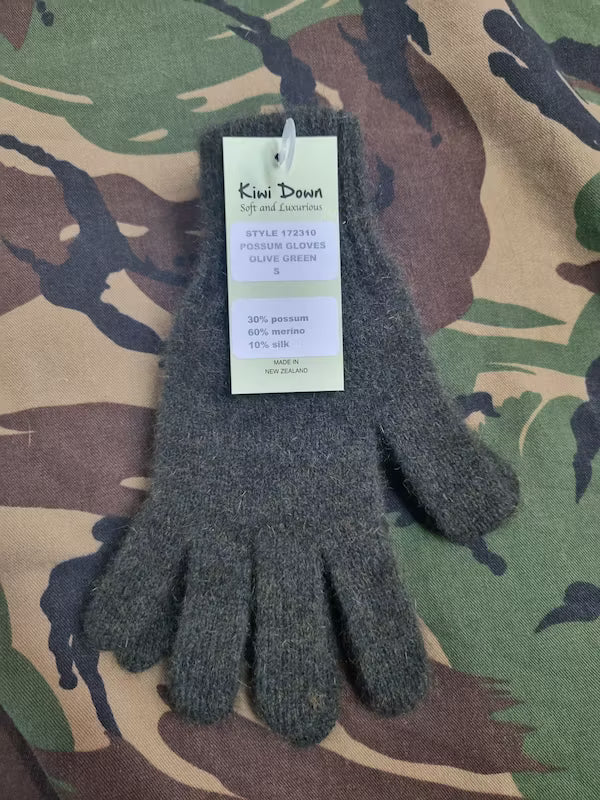 Pair of dark gray gloves with a tag on a camouflage background