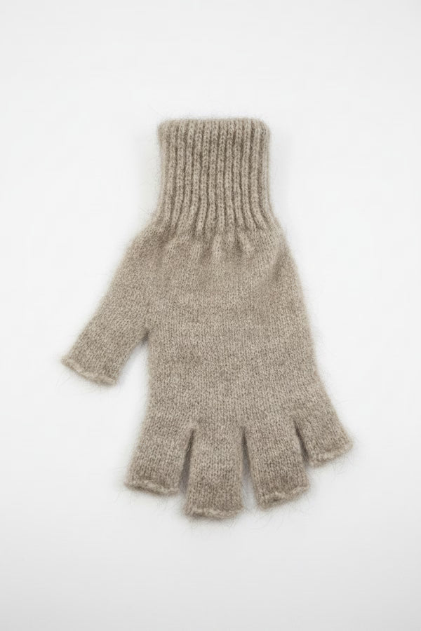 Pair of beige fingerless gloves on a white background
