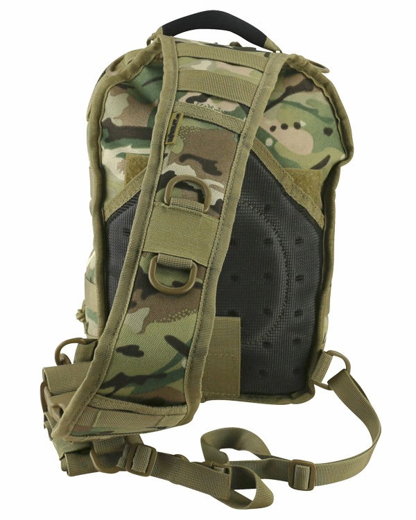 Camouflage backpack with multiple straps on a white background