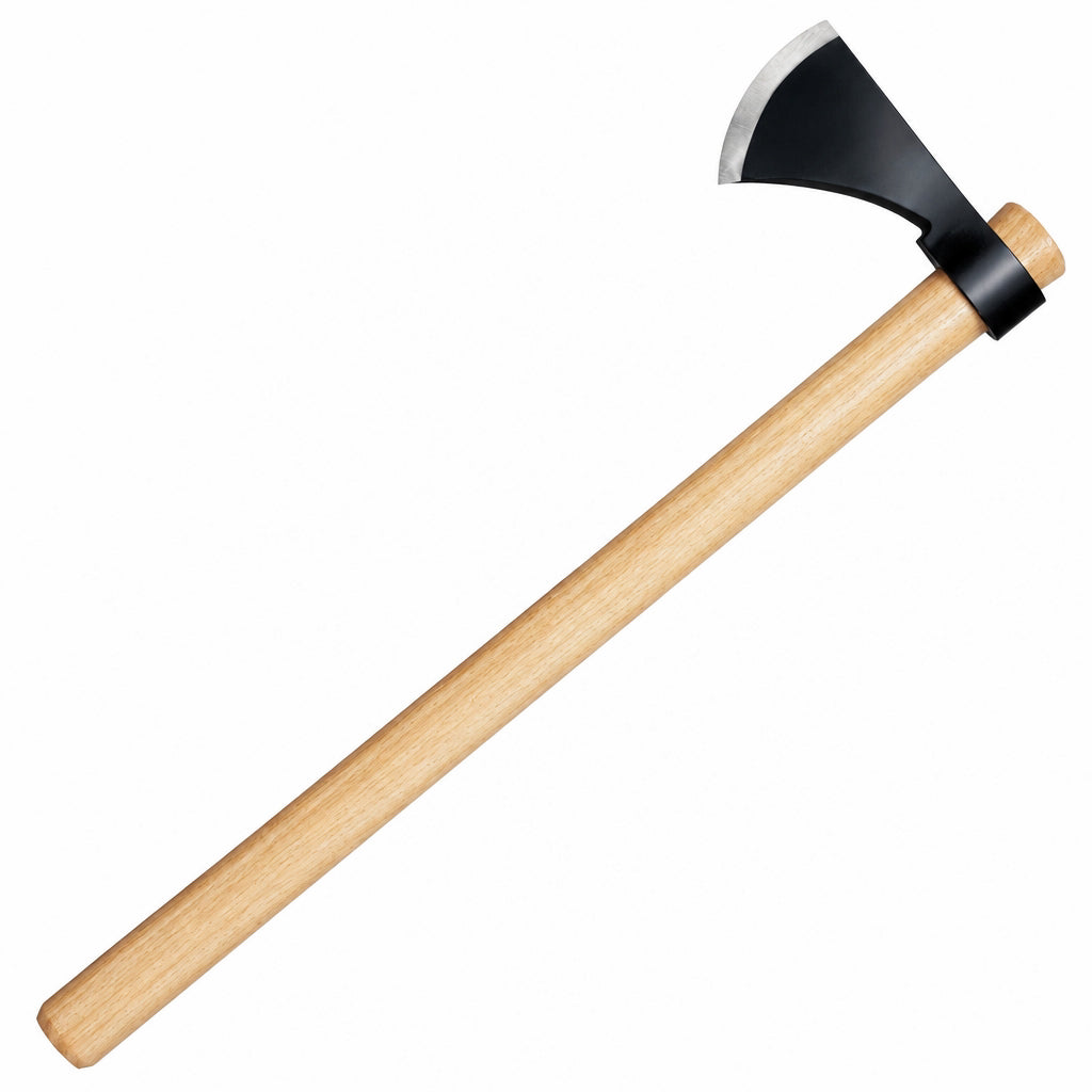 A hand axe with a light natural wood handle, a black metal collar, and a silver steel blade, shown diagonally on a solid white background.