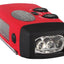 Red and black flashlight with multiple lights on a white background