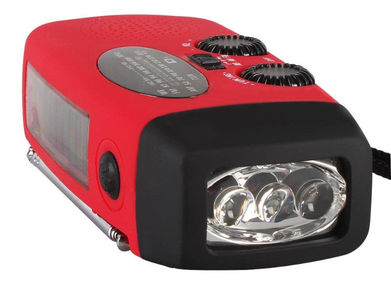 Red and black flashlight with multiple lights on a white background