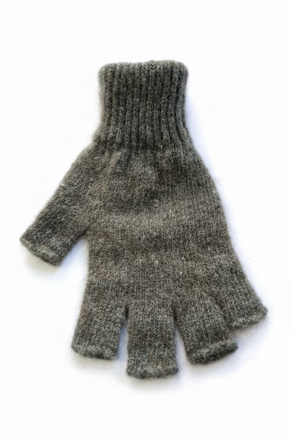 Pair of gray fingerless gloves on a white background