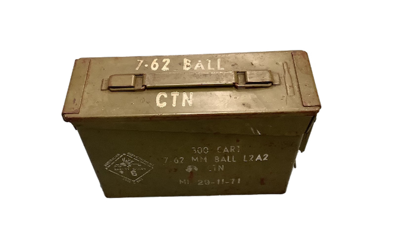 Ammo can with text and markings on a white background