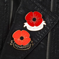 ANZAC LEST WE FORGET enamel poppy badge - Black, White, Silver or Gold