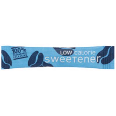 A blue sachet labeled 'Low calorie sweetener', indicating it is a sugar substitute product.