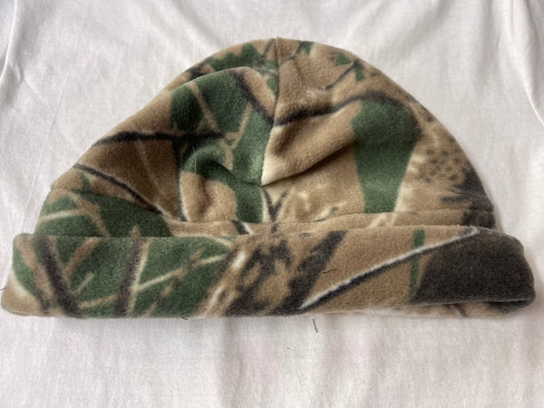 Camouflage-patterned beanie on a white background