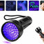 Black UV flashlight with a wrist strap, shown on a white background with inset images demonstrating its use under UV light for bug, hand, bed, and car inspections.