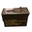 Metal ammunition canister with text on a white background