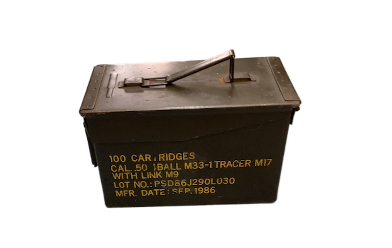 Metal ammunition canister with text on a white background