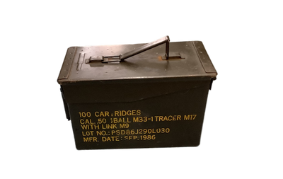 Metal ammunition canister with text on a white background