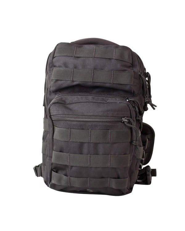 Black tactical backpack on a white background