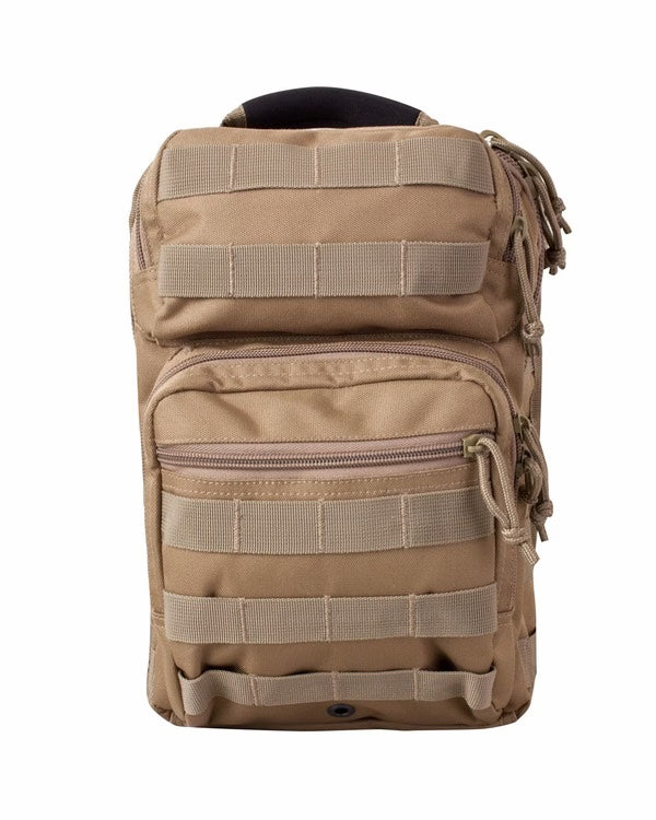 Tan tactical backpack on a white background