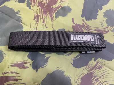 Black belt with 'Blackhawk!' logo on a camouflage-patterned surface