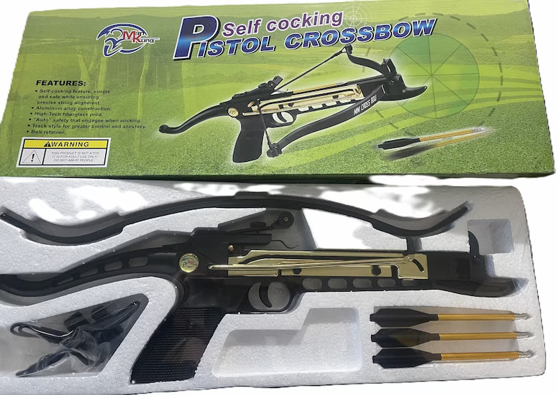 Self-cocking pistol crossbow with packaging and arrows on a white background