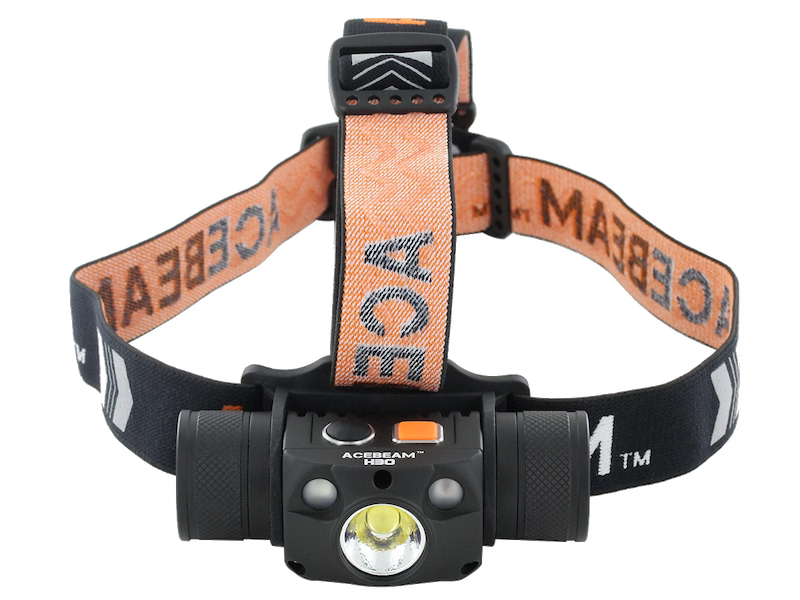 Headlamp with orange strap featuring 'ACEBEAM' branding on a white background